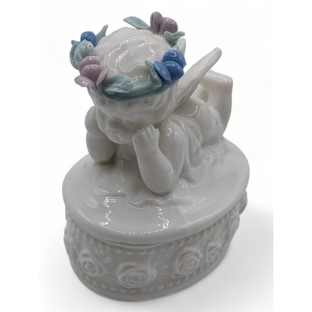 Vtg Angel Trinket Jewelry Box Porcelain/Ceramic Cherub Floral Crown Valentine's